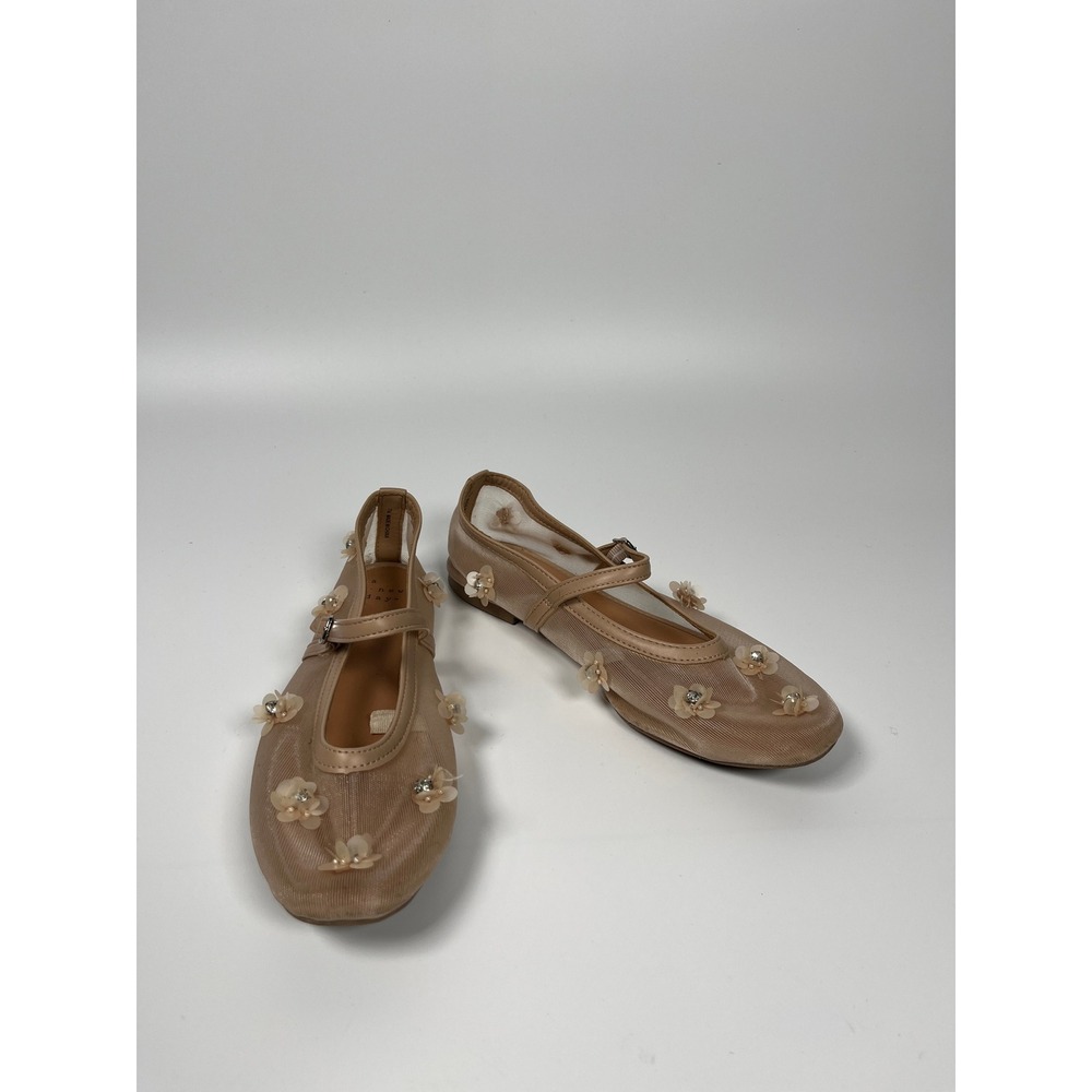A New Day Mesh Mary Jane Ballet Flats Women 7.5 Nude Applique Floral Chic